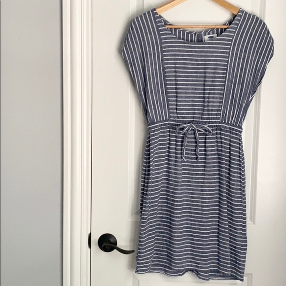Old Navy Linen Blue Stripe Cinched Dress Medium